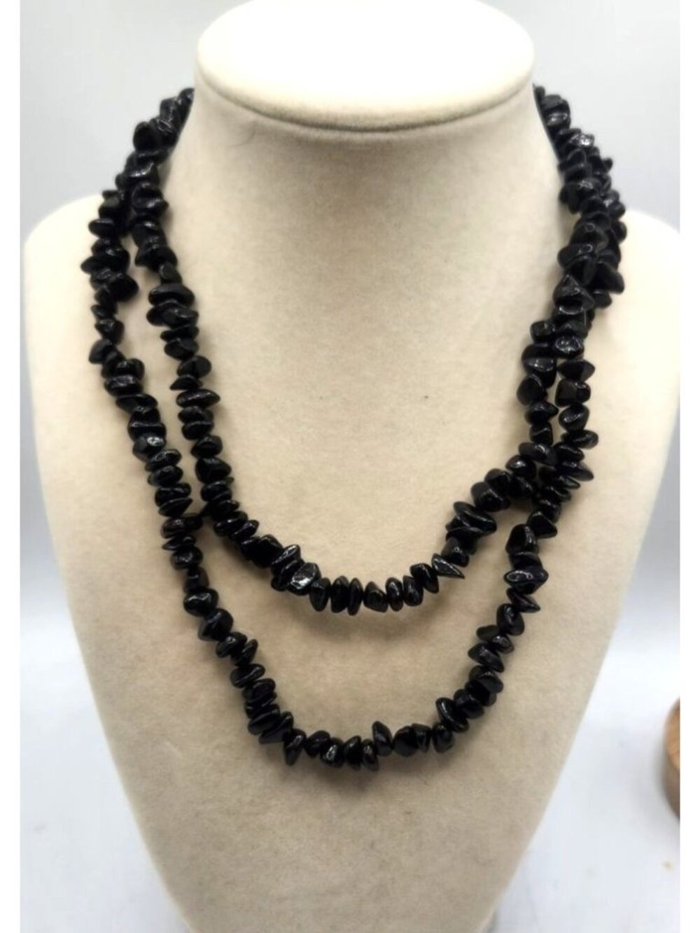 Black Obsidian Chip Bead Necklace Double Strand 36" Long Natural Stone